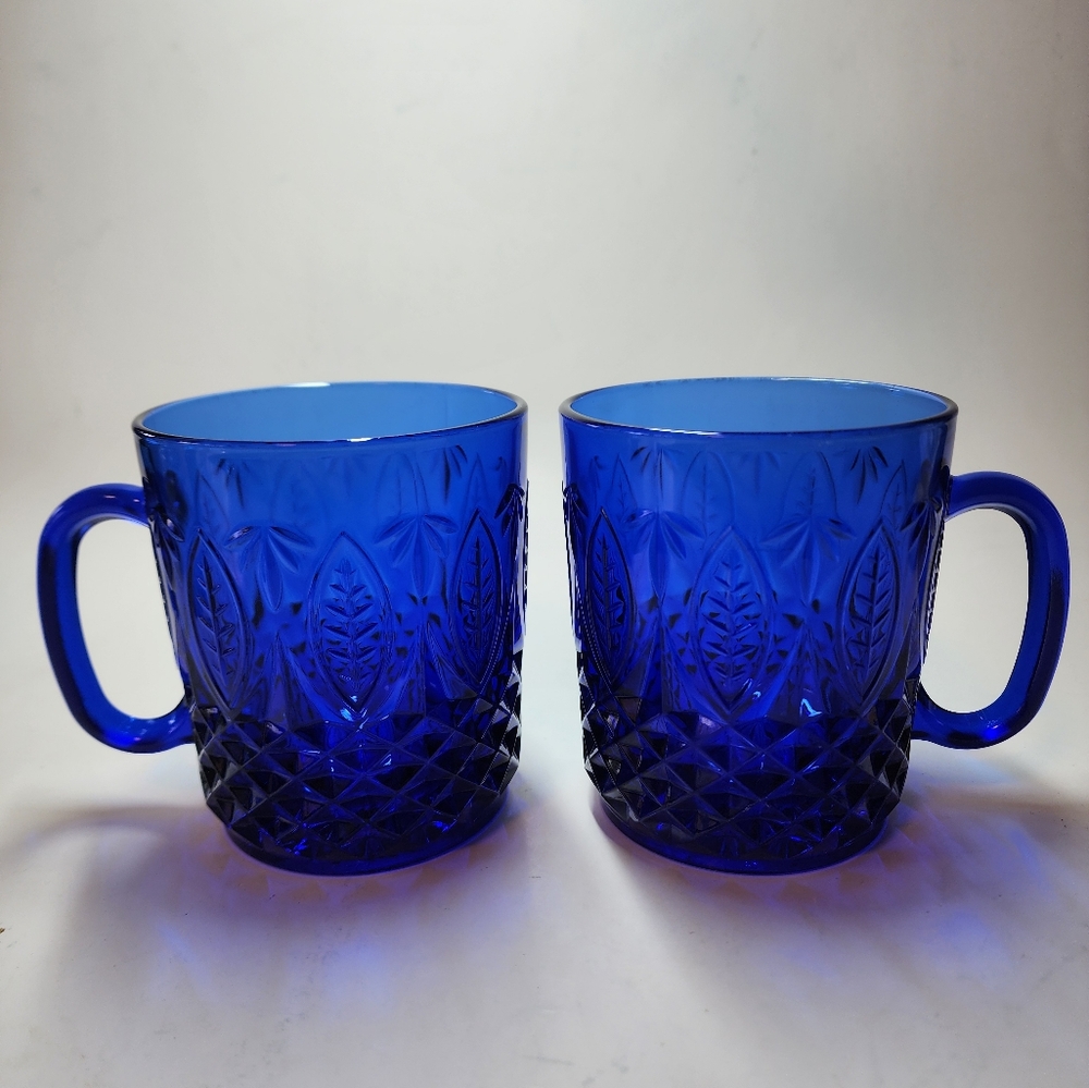 VTG Royal Sapphire Cobalt Blue 10oz Glass Mug Set Of 2